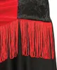 Close-up of a costume skirt with red fabric and black velvet, featuring red fringe. Produktbild-Vorschau