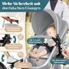 A baby sleeping in a stroller, with various safety features highlighted with text overlays. Produktbild-Vorschau
