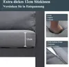 Close-up of a grey cushion on an outdoor furniture set, with inset images highlighting features like thickness, softness, and a zipper. Produktbild-Vorschau