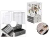 A collage of images showing a jewelry organizer box with multiple drawers and compartments for storing earrings and other jewelry. Produktbild-Vorschau