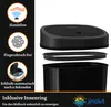 A product image showing a disassembled black trash can with a lid and an inner ring, along with feature callouts on the left side. Náhľad obrázku produktu