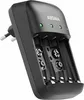 A black battery charger with slots for batteries and indicator lights. Produktbild-Vorschau