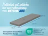 A folded mattress is shown with dimensions and certifications. Produktbild-Vorschau
