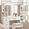 A white vanity table with a lighted mirror, drawers, and a stool, showcasing storage and product details. Náhled obrázku produktu