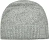A close-up studio shot of a grey beanie hat.