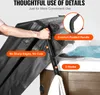 A person is shown lifting a cover off a hot tub, highlighting the product's features. Voir les images du produit
