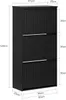 A black shoe cabinet with three flip-down doors, shown with dimensions indicated by measurement lines and text. Produktbild-Vorschau