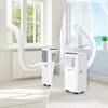 A split image showing a portable air conditioner unit with an exhaust hose connected to a window in two different settings. Produktbild-Vorschau