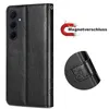 A black flip phone case is shown with a close-up of a magnetic closure and a graphic indicating magnetic closure. Produktbild-Vorschau