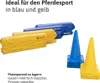 A product shot of horse riding training equipment, including folded hurdles and cones, in blue and yellow. Náhľad obrázku produktu