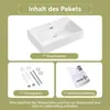 Image shows the contents of a package for a sink, including the sink itself, mounting hardware, and instructions. Produktbild-Vorschau