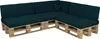 A sectional sofa made from wooden pallets with dark green cushions. Produktbild-Vorschau