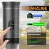 A hand is shown interacting with a portable espresso machine, with various informational overlays and diagrams pointing to different features of the device. The background suggests an outdoor setting with a tent. Produktbild-Vorschau