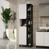 A modern bathroom with a tall storage cabinet, bathtub, and vanity. Produktbild-Vorschau