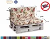 A floral patterned cushion set on a wooden pallet base, with dimensions indicated. Voir les images du produit