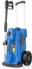 A blue electric pressure washer with a handle and wheels, shown from a low angle. Produktbild-Vorschau