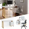 A collage of images showing a white desk with wooden legs and drawers, along with a desk chair and computer. Voir les images du produit