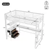 A diagram of a loft bed with a desk and drawers, showing dimensions in centimeters. Podgląd zdjęcia produktu