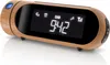 A digital alarm clock with a wood-grain finish and a black display screen. Produktbild-Vorschau