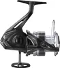 A side view of a black and silver fishing reel against a white background. Produktbild-Vorschau