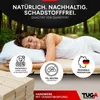 A woman sleeping peacefully on a bed with a wooden slatted base, surrounded by nature. The image highlights product features through icons and text. Produktbild-Vorschau