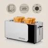 A toaster with four slices of bread, with graphic icons indicating its features. Voir les images du produit