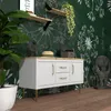 A white cabinet with gold hardware sits on a wooden floor in front of a dark green wall with a white dandelion pattern. A large plant is in a white pot to the left, and a statue is to the right. Produktbild-Vorschau