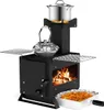 A black outdoor wood-burning stove with a pot and kettle on top, and a tray of food below. Produktbild-Vorschau