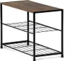 A three-tier shoe rack with a wooden top and black metal frame, shown against a white background. Náhled obrázku produktu