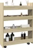 A narrow, four-tier storage cart with various bathroom or cosmetic items on its shelves. Podgląd zdjęcia produktu