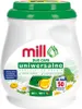 A white plastic container with a green lid, filled with laundry detergent capsules. The label features the brand name 'mill', product type 'DUO CAPS', and descriptive text in Polish. Podgląd zdjęcia produktu