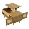 A light wood coffee table with a lift-top and two rattan doors, shown against a white background. Podgląd zdjęcia produktu