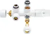 An exploded view of a white radiator valve assembly against a white background. Produktbild-Vorschau