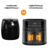 Comparison of two air fryers, one traditional and one with a viewing window. Produktbild-Vorschau