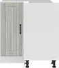 A corner kitchen cabinet with a wood-effect door and a white door, shown from the front and side. Produktbild-Vorschau