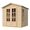 A wooden garden shed with double doors and a window. Produktbild-Vorschau