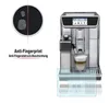 A collage of an anti-fingerprint coating demonstration and a DeLonghi coffee machine. Produktbild-Vorschau