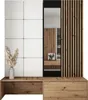 A modern entryway furniture set with white wall panels, a wooden slatted mirror frame, and wooden drawers. Náhľad obrázku produktu