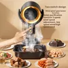 A hand is shown pressing a button on a black and gold fan, with smoke rising from a grill below it. Plates of food are arranged around the grill. Produktbild-Vorschau