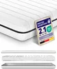 A close-up view of a white mattress, with a product information tag and a cutaway view of the mattress layers.