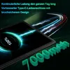 A tablet displaying a charging animation and promotional text about its battery and charging port. Produktbild-Vorschau