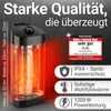 A black infrared heater with glowing heating elements, surrounded by marketing text and icons highlighting its features. Produktbild-Vorschau