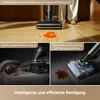 A collage of images showing a vacuum cleaner in action and close-ups of its features, with text overlays describing its capabilities. Produktbild-Vorschau