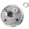 A close-up, overhead view of a metal cutting head for a string trimmer, with a separate washer next to it. Produktbild-Vorschau