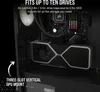 Inside view of a computer case, highlighting storage and GPU mounting capabilities. Náhled obrázku produktu