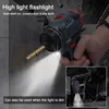 A person is holding a cordless drill with a light shining from it, demonstrating its use in dim lighting. A smaller inset image shows the drill being used in a workshop. Podgląd zdjęcia produktu