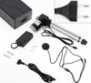 A collection of electronic components for a linear actuator system, including power adapters, cables, and the actuator itself, laid out on a white surface. Náhled obrázku produktu