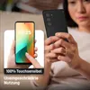 A woman is holding a smartphone, and a close-up of another smartphone screen is shown with a finger interacting with it. Text overlays provide product information. Produktbild-Vorschau
