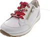 A white leather sneaker with red and floral patterned laces and a gold zipper. Produktbild-Vorschau