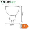 A technical drawing of an LED lamp with dimensions and an energy efficiency label. Produktbild-Vorschau